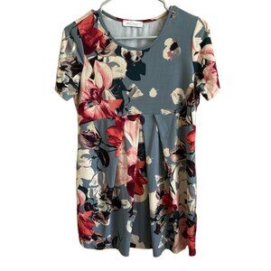 MY Bump Pregnancy Top Womens Dusty Blue Floral Pleated Short Sleeve Maternity
